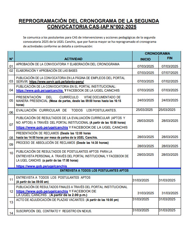 Reprogramación del cronograma de la segunda convocatoria CAS IAP 002 - 2025